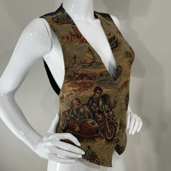 Vintage 80s Tapestry Vest Academia Motorcycle Boho Edwardian - Picture 9 of 16